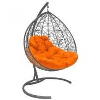 Подвесное кресло M-GROUP для двоихс ротангом серое, оранжевая подушка